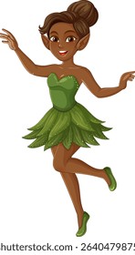 Vector illustration of a fairy in a green leaf dress with a playful pose and vibrant colors