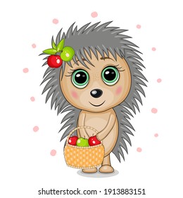 Vector illustration of a fairy hedgehog with a basket and apples on a white background.