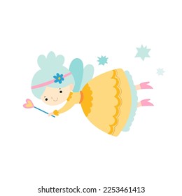 Vector illustration of a fairy with magic wand isolated on white. Cute fairytale character in flat style for children's stickers, cards or clothes design.