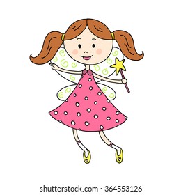 Vector illustration of fairy with magic wand on white background.