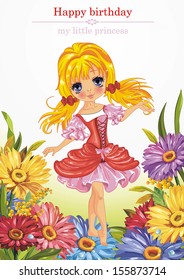 A vector illustration of a fairy princess. Greeting postcard with Adorable elf girl