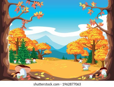 Vector illustration of a fairy tale of an autumn forest with a meadow, mushrooms and fallen leaves. Autumn landscape background.