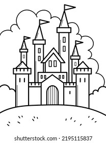 Ilustración vectorial del castillo de cuento de hadas sobre el fondo de las nubes. Coloración de página con paisaje de fantasía.
