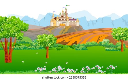 Vector illustration of a fairy tale castle landscape in the mountains. Impregnable medieval fortress. Cartoon style. svg