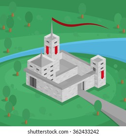 Vector illustration of a fairy tale castle near the river. Little castle in the hills and forests.