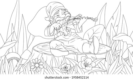 Vector illustration, fairy tale elf footprints on a tree stump and plays the violin in summer, coloring book