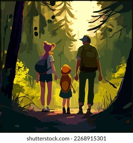 Vector illustration of a fairy -tale forest with a walking family