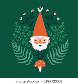 Vector illustration with fairy tale gnome and magical plants on green background. Stylish hand-drawn vector magic kids illustration for interior poster, greeting card or t-shirt print.