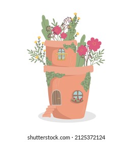 Vector illustration fairy tale house flower pot for a fairy or gnome.
