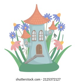 Vector illustration of a fairy tale house of a herbalist, sorceress, fairy or gnome in a flower meadow.