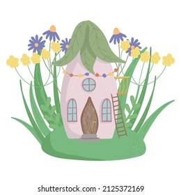 Vector illustration fairy tale house for a fairy or gnome in a flower meadow.
