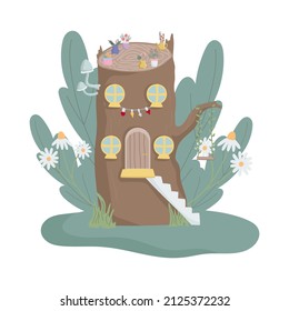 Vector illustration of a fairy tale house in a tree for a fairy or a gnome in a flower meadow.
