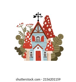 Vector Illustration Of A Fairy Tale House With A Red Door And Fly Agaric In Cartoon Style. Forest Magic House Illustration.