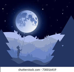 Vector illustration: Fairy tale landscape with little boy holding a moon flying balloon, pine trees silhouettes on fading background made in layers. Blue forest. Halloween night.