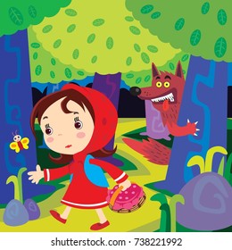 Vector illustration of the Fairy tale Little Red Riding Hood. Back Ground and main frame are in separate layers, easy editable top space suitable for copy…..