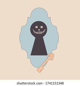 Vector illustration - a fairy tale plot. Cheshire cat smile through the keyhole. keyhole key.