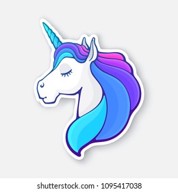 Vector illustration. Fairy tale sleeping unicorn head with closed eyes and rainbow mane. Magic horse with horn. Imaginary mythical character. Sticker with contour. Isolated on white background