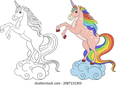 Vector illustration of a fairy tale unicorn with bright rainbow mane and tail. Mythical cartoon creature. Line art picture for children coloring book, anti-stress book, decoration or sticker.