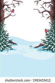 Vector illustration of a fairy tale Winter background of snowy trees, snow and bullfinches in cartoon style on a white background.