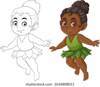Vector illustration of a fairy in two styles: colorful and outlined. Features vibrant colors, playful pose, and detailed design