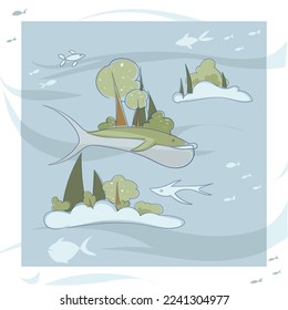 Vector illustration. Fairy whalein the clouds.
