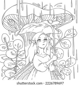 Vector illustration with a fairy who hid under a leaf from the rain. Outline sketch with a winged elf under a mushroom for a coloring book.