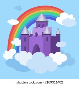 vector illustration of a fairytale castle in the clouds with a rainbow. children's illustration. fairy world 