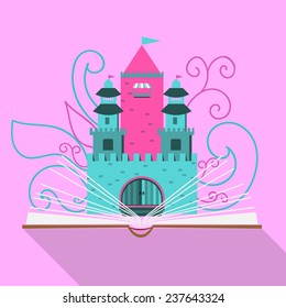 vector illustration of a fairy-tale castle of an open book in the flat design