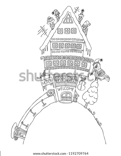 Vector Illustration Fairytale Hotel On Hill Stock Vector Royalty Free 1192709764