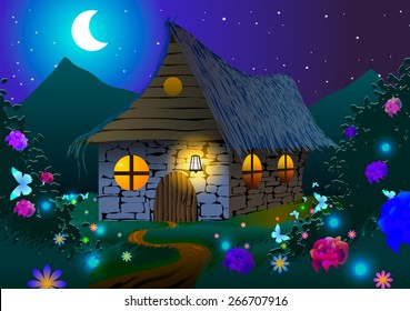Vector illustration. Fairy-tale house on a meadow with flowers and butterflies at night.