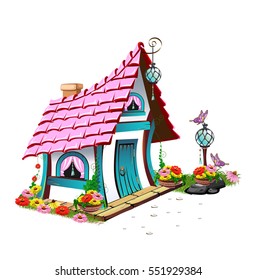 Vector illustration of a fairy-tale house with a pink roof in a beautiful flower garden with magic lanterns and a butterfly.