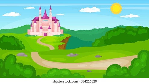 vector illustration of Fairytale landscape with pink princess magic castle