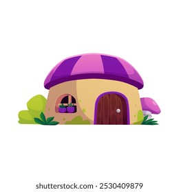 Ilustração vetorial de uma casa de cogumelos de conto de fadas com um telhado roxo, uma porta de madeira, uma janela e folhagem. Fantasia floresta casa de elfos em estilo cartoon em um fundo isolado.