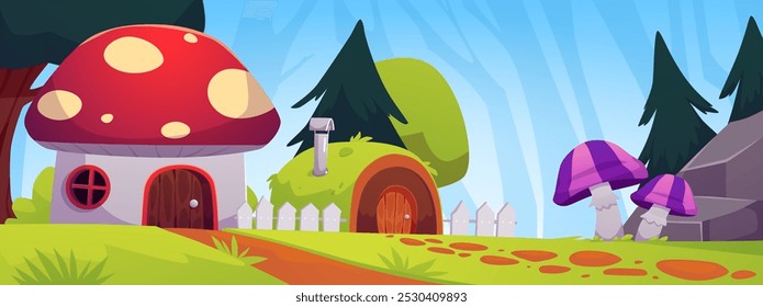 Ilustração vetorial de uma casa em forma de cogumelo de conto de fadas contra uma paisagem florestal. Cabana de cogumelos com uma cerca, caminho e edifícios. Fantasia casa de elfos ou gnomos.