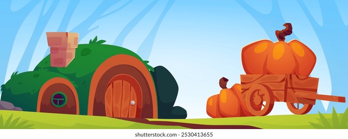 Ilustração vetorial de uma casa semicircular de conto de fadas coberta de musgo com um carrinho com abóboras no fundo de uma paisagem florestal. Fantasia casa de elfos ou gnomos.