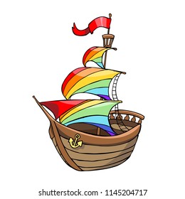 Vector illustration fairy-tale ship with multi-colored sails