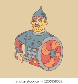 vector illustration of a fairytale warrior with sword and shield