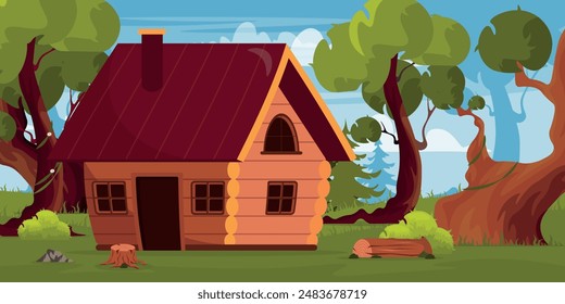 Ilustración vectorial de una casa de madera de cuento de hadas en el bosque. Escena de dibujos animados de una casa con ventanas, puertas, una chimenea, un tejado a dos aguas, árboles con viñas, flores, tocones, árboles de Navidad, arbustos, piedra.