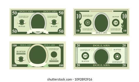 Vector illustration of fake dollars banknotes. Bill one hundred dollars suitable for discount cards on white background in flat style.