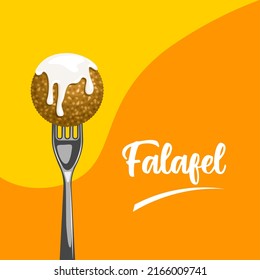 Vector illustration of Falafel on a fork with yogurt sauce, as a banner, poster or template, International Falafel Day.