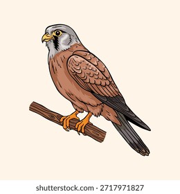 Vector illustration of a falcon or kestrel perched on a branch