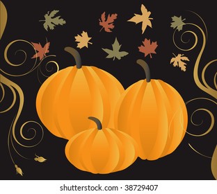 Vector Illustration for Fall Autumn Leaves and Pumpkins with decorative scroll.