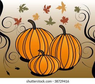 Vector Illustration for Fall Autumn Leaves and Stylized Pumpkins with decorative scroll.