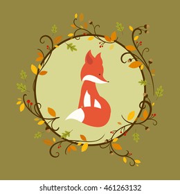 Vector Illustration of a Fall Background Design with Cute Fox and Autumn Leaves