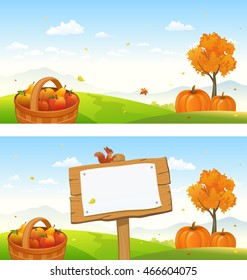 Vector illustration of fall backgrounds with a wooden signboard and an autumn day landscape