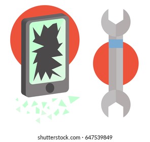 Vector illustration fall crash broken telephone screen with glass shards and tools. Drop the phone. Fixing the screen