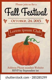 Vector illustration of fall festival flyer design template decorated with watercolor painted pumpkin