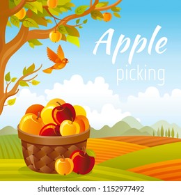 Vector illustration. Fall landscape poster with apple tree, full basket, bird and farm garden element. Realistic 3d banner for apple picking or harvest festival with autumn symbols. Cute cartoon style