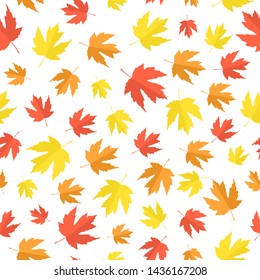 Vector illustration of fall of the leaves. Autumn maple leaves on white. Seamless pattern for textile, gift wrap, scrapbook, happy Thanksgiving background, web, autumn greeting cards.