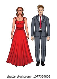 Vector illustration of fall in love couple going to the party. Fashionable young woman in red long dress and man in suit with red tie